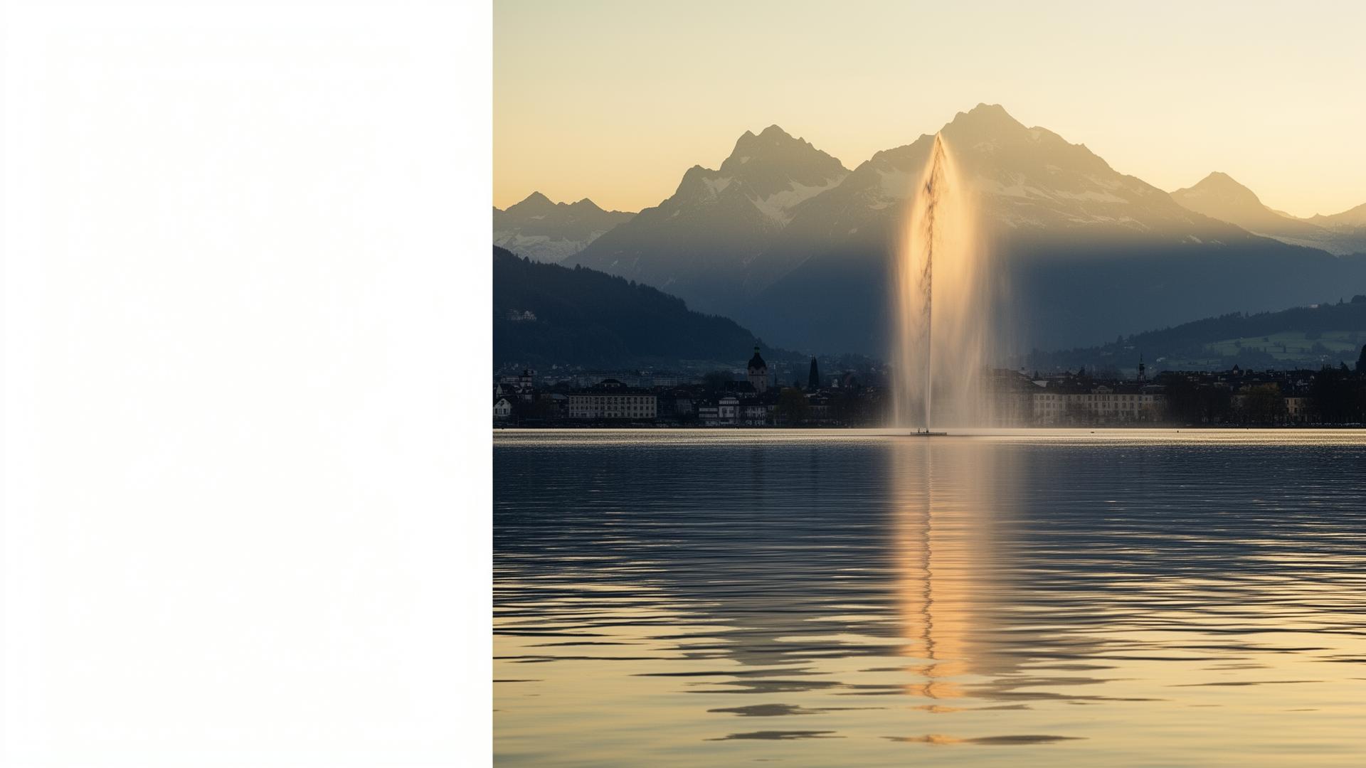 Lake Geneva at golden hour with the Jet d'Eau and Alps